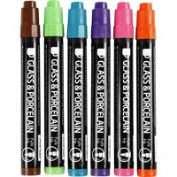 Creativ Company Glas- en porseleinstiften, lijndikte 1-3 mm, semi-dekkend, extra kleuren, 6 stuk/ 1 doos