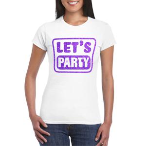 Verkleed T-shirt voor dames - lets party - wit - glitter paars - carnaval/themafeest