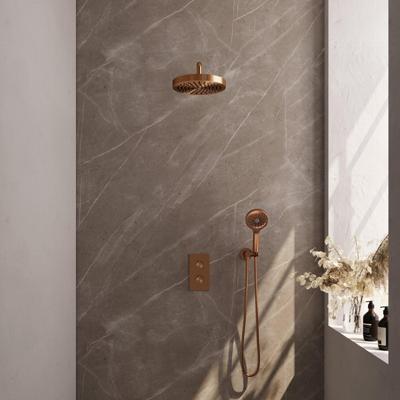 BRAUER Stripe Thermostatische Inbouw Regendouche - 3-weg - rechthoekig - 25cm douchekop - gebogen muurarm - 3-standen handdouche - doucheslang - wandaansluitbocht - koper geborsteld PVD 5-GK-397
