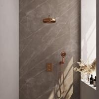 BRAUER Stripe Thermostatische Inbouw Regendouche - 3-weg - rechthoekig - 25cm douchekop - gebogen muurarm - 3-standen handdouche - doucheslang - wandaansluitbocht - koper geborsteld PVD 5-GK-397