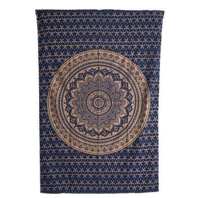 Authentiek Mandala Wandkleed Katoen Blauw/ Goudkleurig in Cirkels