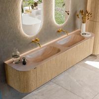 Badmeubel Mondiaz Kurve-Dlux | 200 cm | Meubelkleur Oak | Wastafelkleur Saba | Solid surface | Wasbak beide zijden spoelbak | Zonder kraangat(en)