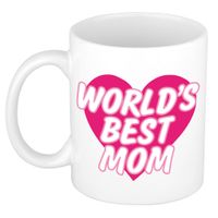 Worlds best mom kado mok / beker wit met roze hart - Moederdag / verjaardag - thumbnail