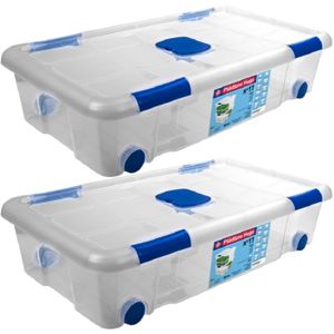 2x Opbergboxen/opbergdozen met deksel en wieltjes 30 liter kunststof transparant/blauw