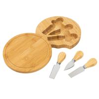 Borrelplank/kaasplank - met 3 kaasmesjes - bamboe hout - rond - D20 x H3 cm - serveerplank
