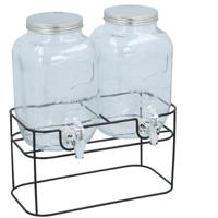 Drankdispenser set - 2x - 4 liter - glas - metalen voet - 33 x 17 x 32,5 cm - limonadetaps