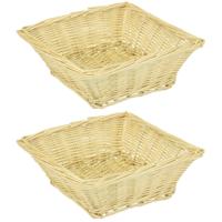 Excellent Houseware Broodmandje - 2x - naturel - riet - vierkant - 26 x 26 x 8 cm - opbergmand