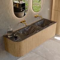 Mondiaz KURVE-DLUX 145 cm Onderkast Greeploos 1 Lade Met Deuren Oak, Wastafel Solid Surface Rechts Lava 0 Kraangaten Zonder Spiegel (KRVLEA145L1L1D0KD-Oak/Lav)