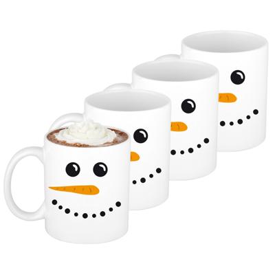 Kerst thema Koffiemok - 4x - Sneeuwpop - 300 ml - keramiek - kerstcadeau - kerstmis