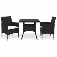 3-delige Tuinset poly rattan en gehard glas zwart