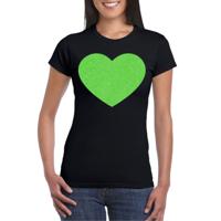 Verkleed T-shirt voor dames - hartje - zwart - groen glitter - carnaval/themafeest - thumbnail