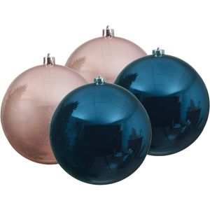 Kunststof kerstballen 4x stuks donkerblauw en lichtroze 14 cm