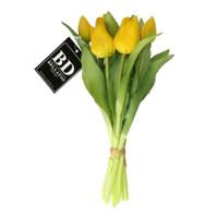 Kunst tulpen boeket Vermeer - 5x stuks - geel - real touch - 31 cm - kunst zijdebloemen