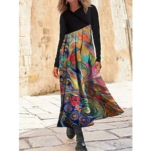 Dames Werk Jurk Modieus Casual jurk Swingjurk Winter jurk Dagelijks nappi Afdrukken Lange jurk maxi-jurk Lange mouw V-hals Normale pasvorm dier Bloemig blauw F