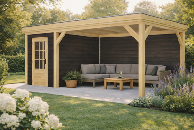 Blokhut Nootdorp 200x300 cm met overkapping 350x300 cm Douglas blank met vuren rabat wanden zwart (Incl. EPDM)- - - Van Kooten