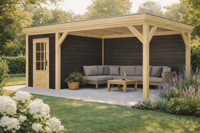 Blokhut Nootdorp 200x300 cm met overkapping 350x300 cm Douglas blank met vuren rabat wanden zwart (Incl. EPDM)- - - Van Kooten