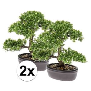 2x Groene mini Bonsai boompje kunstplanten in pot 32 cm