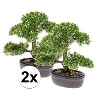 2x Groene mini Bonsai boompje kunstplanten in pot 32 cm - thumbnail