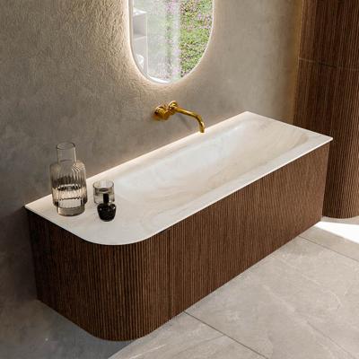 Badmeubel Mondiaz Kurve-Dlux | 125 cm | Meubelkleur Walnut | Wastafelkleur Ostra | Solid surface | Rechts spoelbak | Zonder kraangat(en)