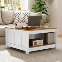 2-laags Houten Salontafel Vierkante Woonkamer Tafel in Landelijke Stijl Bijzettafel met Opbergruimte Naturel & Wit
