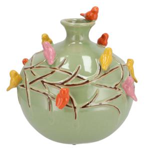 Vaas Spring birds - pistache groen - keramiek - D18 x H18 cm - bloemenvaas