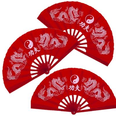 Handwaaier tai chi - 3x stuks - yin yang en draken - rood - 65 x 35 cm - polyester/kunststof