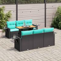 7-delige Loungeset met kussens poly rattan zwart