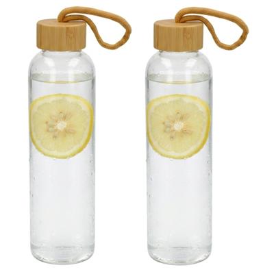 Gerimport Waterfles / drinkfles - 2x - glas - transparant - met houten dop - 600 ml - D7 cm