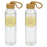 Gerimport Waterfles / drinkfles - 2x - glas - transparant - met houten dop - 600 ml - D7 cm