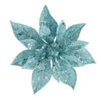 Decoratie bloem - kerstster - op clip - blauw - glitter -15 cm - kunststof - kerstversiering