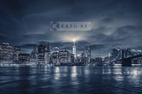 Schilderij -  Zicht op Manhattan 's nachts, NYC, blauw - thumbnail