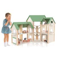Houten Hoekpoppenhuis met Groen Dak 36 Meubels en Accessoires 3 Verdiepingen 6 Slaapkamers Balkons Garage Auto's
