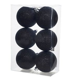 6x Kunststof kerstballen glitter zwart 8 cm kerstboom versiering/decoratie   -