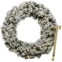 Kerstkrans 50 cm - groen met led - besneeuwd - met gouden hanger/ophanghaak - thumbnail