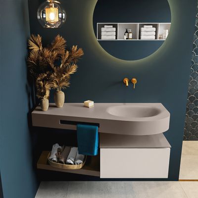 MONDIAZ RIVA 120cm badmeubel onderkast / planchet kleur Linen met 1 lade. Wastafel DULCET rechts 0 kraangaten kleur Smoke. MONDIAZ RIVA 120cm badmeubel onderkast / planchet kleur Linen met 1 lade. Wastafel DULCET rechts 0 kraangaten kleur Smoke.