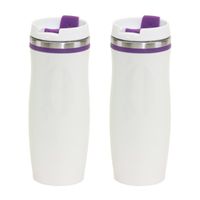 Set van 2x stuks rVS Warmhoudbeker/isoleerbeker winter wit met paars 400 ml Set van 2x stuks rVS Warmhoudbeker/isoleerbeker winter wit met paars 400 ml