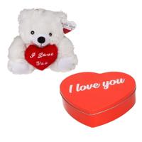 Valentijnsdagcadeau - snoepblik en knuffelbeer - rood - i love you - cadeau