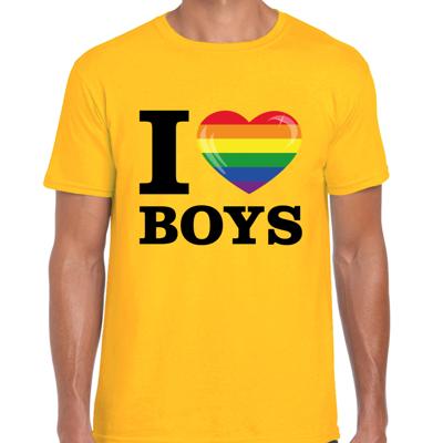 Gay Pride T-shirt heren - geel - I love boys - regenboog hartje - Gay pride thema - LHBTI