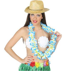 Hawaii thema party verkleedset - Strand strohoedje - bloemenkrans blauw/wit - Tropical toppers