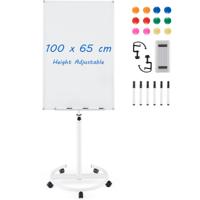 100 x 65 cm Mobiel Whiteboard op Wieltjes In Hoogte Verstelbaar tot 192 cm Magnetisch met Ronde Standaard Magneten Markers en Gum Wit
