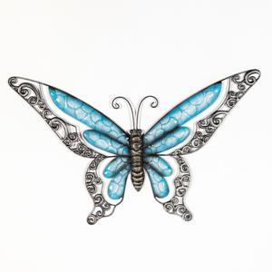 Wanddecoratie vlinder - blauw - 49 x 28 cm - metaal - muurdecoratie/schutting