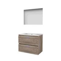 Basic-Line Ultimate 46 Badkamermeubelset - 80 x 46 cm - Greeploos - 2 Lades - Keramische Wastafel - 1 Kraangat - Spiegel met Indirecte LED Verlichting - Scotch Oak