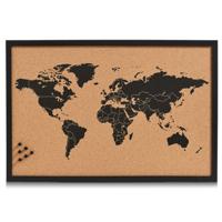 Zeller Prikbord wereldkaart - zwart - 60 x 40 cm - kurk/hout - memobord