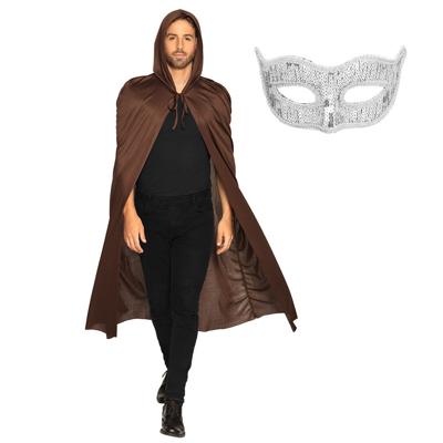 Carnaval gemaskerd bal verkleedkleding - Oogmasker zilver - Cape/mantel in het bruin - volwassenen