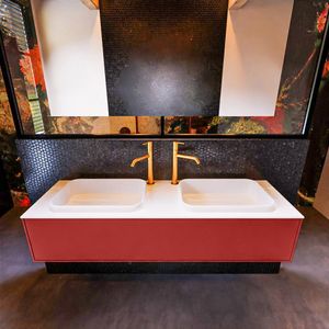 Badkamermeubelset Mondiaz Erin 150 cm met 1 Lade met RIDGE Wastafel Dubbel Talc met 2 kraangaten Greeploos Mat Fire