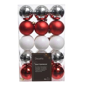 Decoris Kerstballen - 30x - kunststof - rood/wit parelmoer/zilver - 6 cm