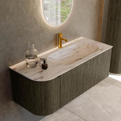 Badmeubel Mondiaz Kurve-Dlux | 115 cm | Meubelkleur Shadow | Wastafelkleur Nata | Solid surface | Wasbak rechter zijde spoelbak | 1 kraangat