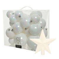 Kerstversiering kunststof kerstballen met piek parelmoer wit 6-8-10 cm pakket van 27x stuks