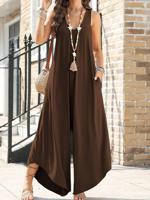 Plain Regular Fit Crew Neck Casual Jumpsuit