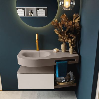 MONDIAZ RIVA 100cm badmeubel onderkast / planchet kleur Linen met 1 lade. Wastafel DULCET links 1 kraangat kleur Smoke. MONDIAZ RIVA 100cm badmeubel onderkast / planchet kleur Linen met 1 lade. Wastafel DULCET links 1 kraangat kleur Smoke.